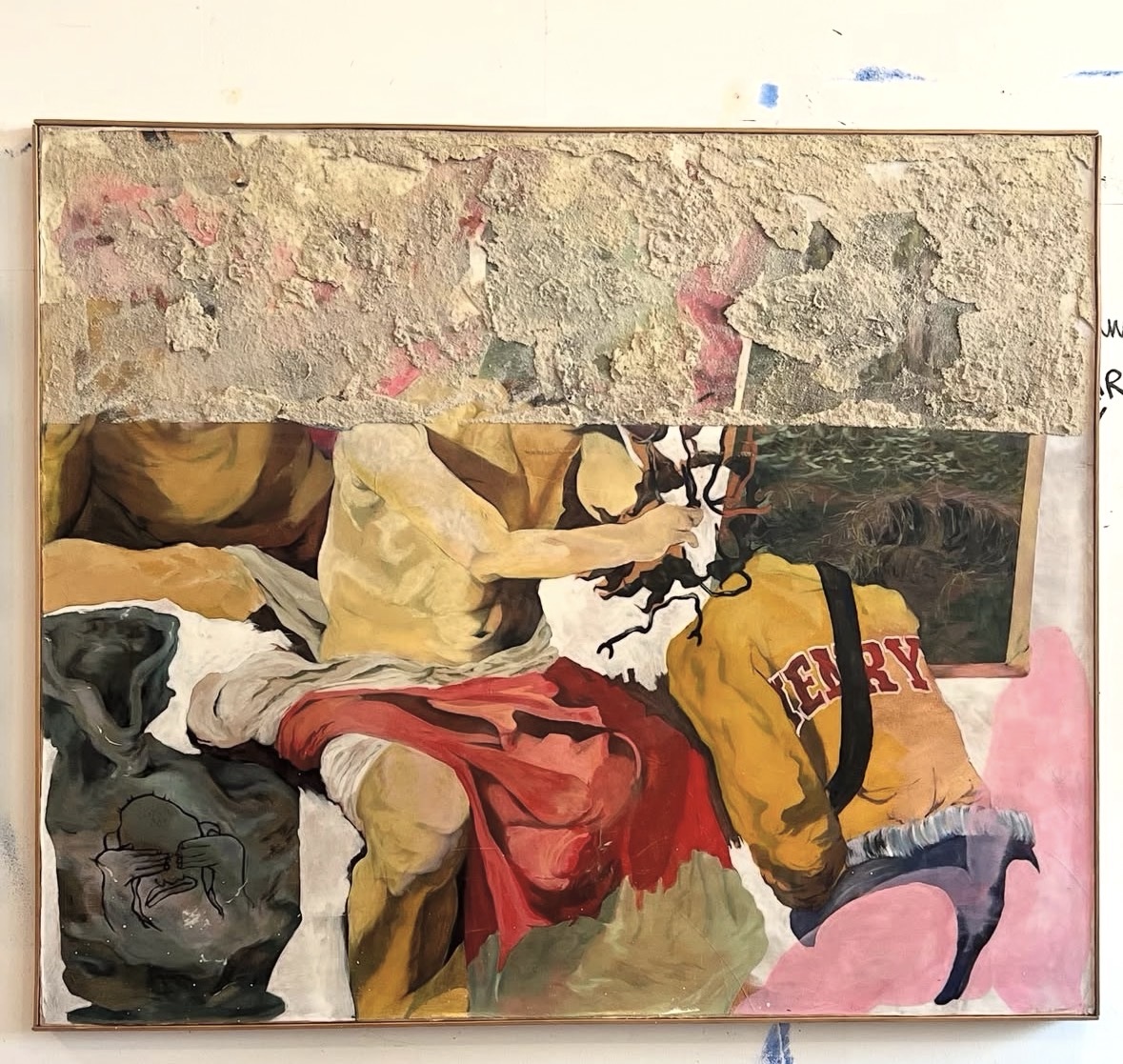 Layered collage-like artwork by Henry Swanson with a reclining figure and yellow bag.