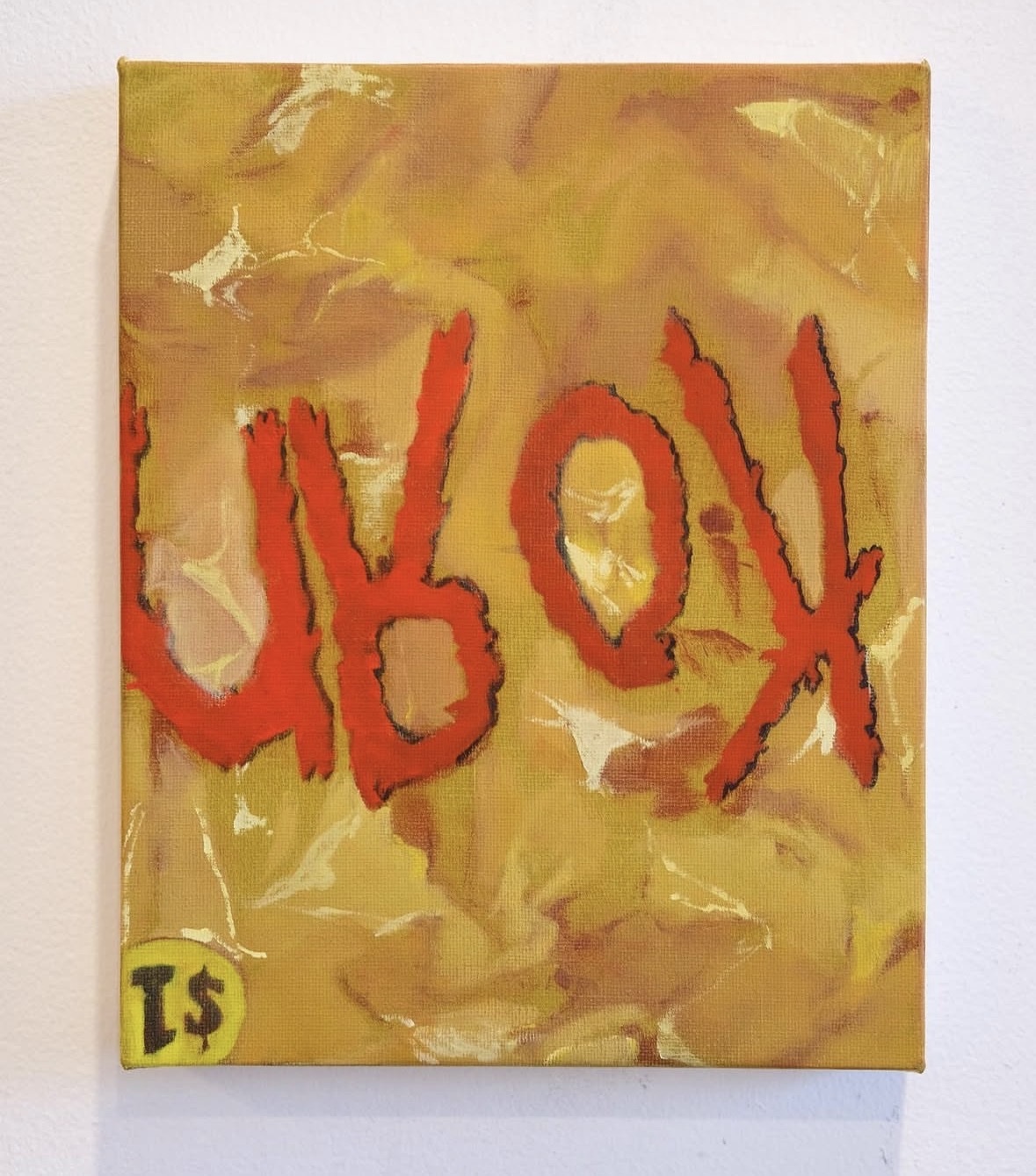 Yellow text-based artwork by Henry Swanson with large red painted letters.